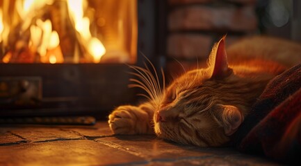 illustration of a cat is sleeping next to a fireplace - obrazy, fototapety, plakaty