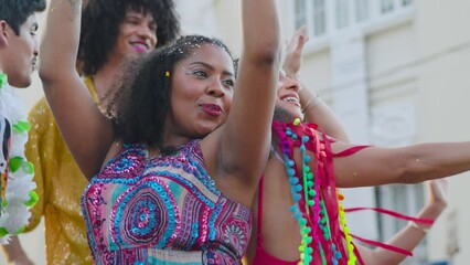 Carnival Joy in Brazil: Women Dancing with Delight at Street Festivity, Colorful Attire and Happy Faces in Brazilian Celebration.