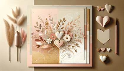 valentine card template design watercolor with papercut texture background with leaf and hearts