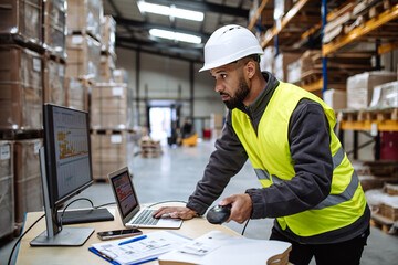 Warehouseman checking delivery, stock in warehouse on computer, pc. Warehouse manager using warehouse management software with scanner.