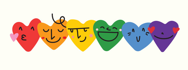 Pride Month Vector Illustration. LGBTQ Pride Month Logo or Symbol with Love Hearts in Progress Pride Flag Colors. Rainbow Hearts Pride Illustration for Badge, Sticker, Logo