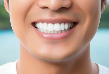 A close-up photo portrait featuring a handsome Asian man smiling, revealing clean and well-maintained teeth.