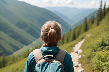 A close-up view from behind, candid photo of a person hiking in the mountains in the vacation trip week