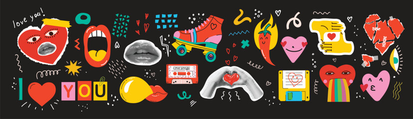 Set of stickers with halftone collage in contemporary punk grunge style for Valentine's day isolated on the background. Fun badges in retro style. Vector pictures of hearts, lips and other