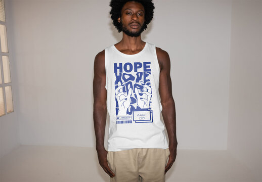 Mockup of man wearing customizable vest, camera flash