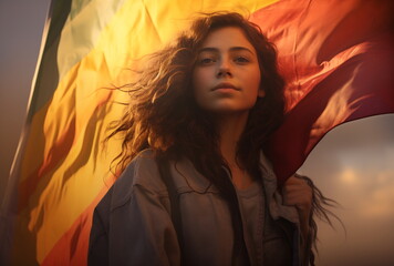 Prideful Gaze: Young Asian Woman with Rainbow Flag