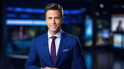 a photo of a tv news presenter on a popular channel. live stream broadcast on television. handsome white american british guy in a suit. weather forecast in a studio - obrazy, fototapety, plakaty