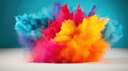 A stunning display of a vibrant powder explosion in pink, yellow, and blue hues against a contrasting turquoise background.