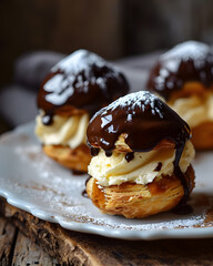 Delicious homemade traditional french profiteroles with chocolate and white plate served on the table in restaurant. Gastronomy photo concept