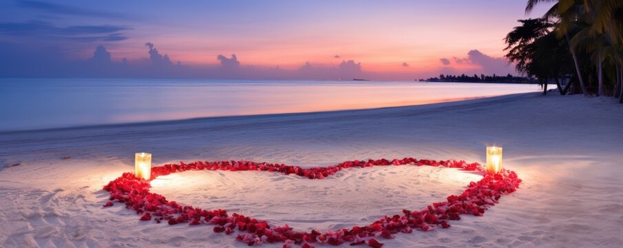 white sandy beach, where red rose petals have been arranged to shape a heart, adding a touch of love to the serene coastal setting.