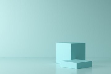 Blue cube shaped podiums or pedestals on blue background.