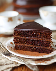 Piece of Chocolate cake (Sacher torte) erved on the table in restaurant., Gastronomy design concept