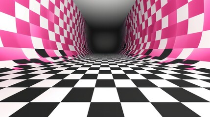 abstract black and white and pink optical illusion with squares background.