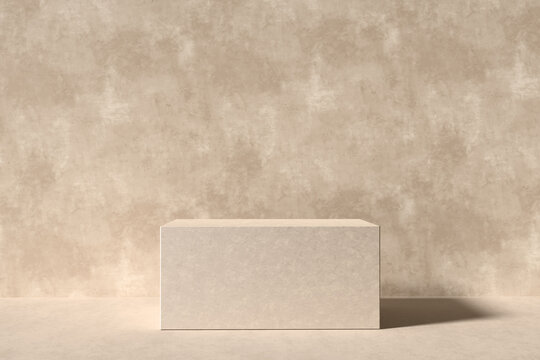 Beige marble rectangle or cube shaped podium or platform mockup for product display.