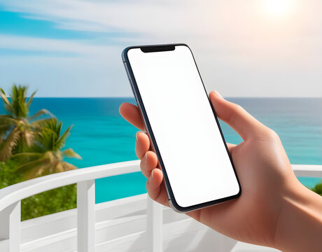 Phone with an isolated screen in hands, the concept of vacation and travel. Generative AI
