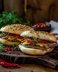 Delicious burgers and fries served on the table. Gastronomy concept design