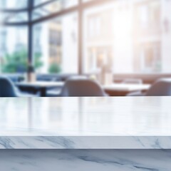 White marble table top and blurred abstract background from interior building backdrop with desk, counter work people in workplace. - Generative AI