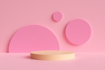 Peach fuzz colored round podium or pedestal with pink background.