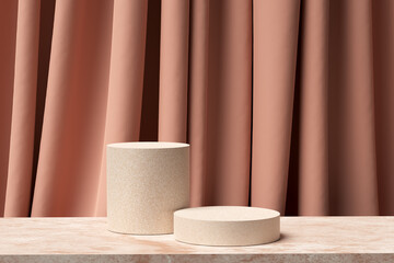 Pastel pink colored round cylinder podium or platforms in a showroom with curtain background.