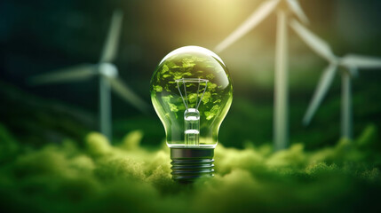 Conceptual image of a light bulb with green foliage and wind turbines symbolizing renewable energy.
