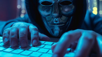 Menacing Hacker with Face Mask Typing on Keyboard: Cybersecurity Threat, Online Anonymity, and...