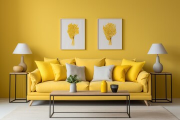 Beige sofa with yellow pillows and two side tables with lamps against vibrant yellow wall with poster frame. Classic home interior design of modern living room. - obrazy, fototapety, plakaty