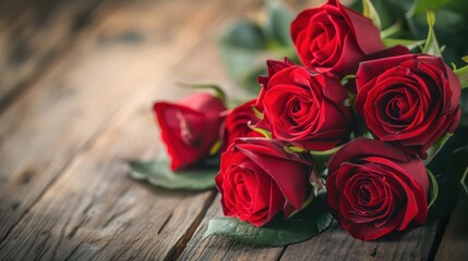 A close-up view captures the beauty of a red rose bouquet elegantly placed on a wooden desk, creating a charming and romantic setting.






