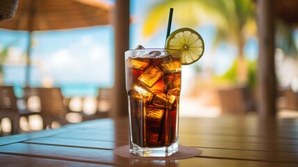 closeup photo of a fresh cold cola soda drink in a glass with a lime slice and a straw stands on a bar counter at a blurry tropical beach background - obrazy, fototapety, plakaty