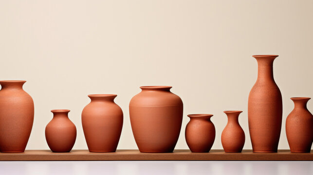 A neatly arranged collection of terracotta pottery in various shapes and sizes displayed on a wooden shelf.