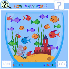 How many left and right? Find and count fish. Educational mathematical game for children. Vector illustration.