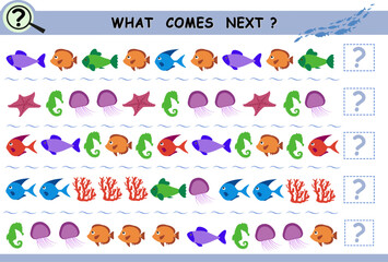 Fototapeta premium What comes next, continue the row of underwater objects and fish. Educational logical game for children. Vector illustration.