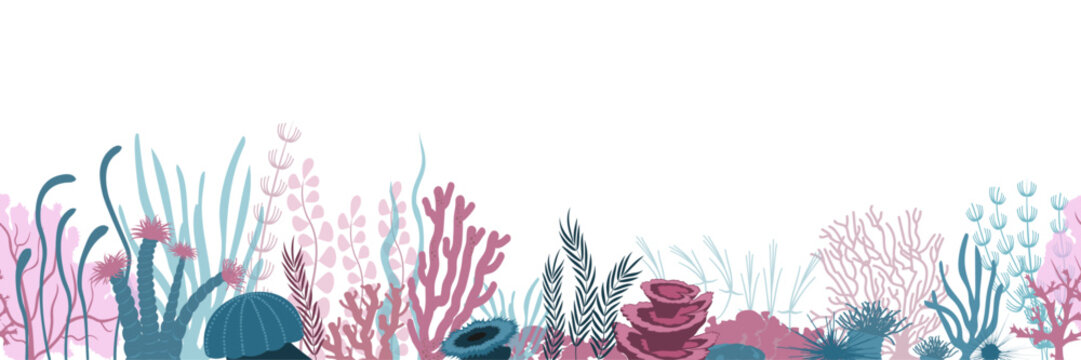 Seamles border with underwater panorama. Vector illustration.	