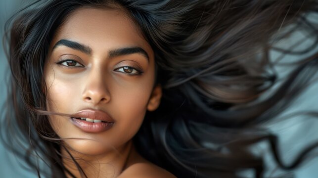 closeup photo portrait of a beautiful young asian indian female model woman shaking her beautiful hair in motion