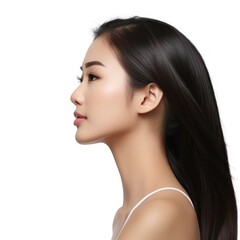 closeup side profile portrait of beautiful asian woman with hair. perfect face structure. isolated on white background.