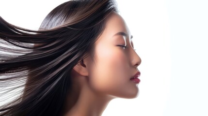 Asian woman through a close-up side profile portrait, showcasing her perfect face structure and flowing hair against a clean white background.