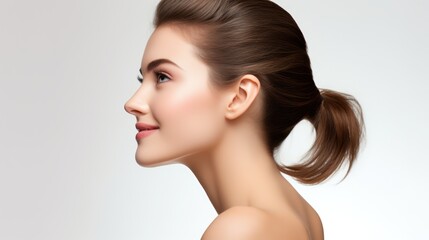   profile portrait showcasing the ear of a beautiful   woman with perfectly structured hair on white background