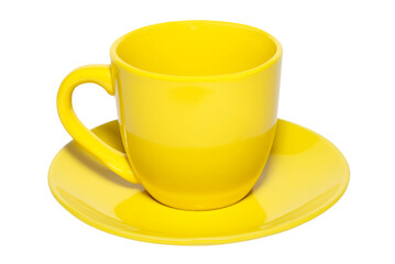 Yellow ceramic cup mug and saucer in PNG isolated on transparent background