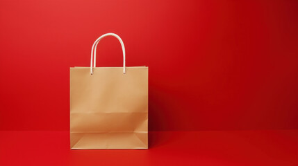 A single brown paper shopping bag stands out against a vibrant red background, symbolizing consumerism and simplicity in design.