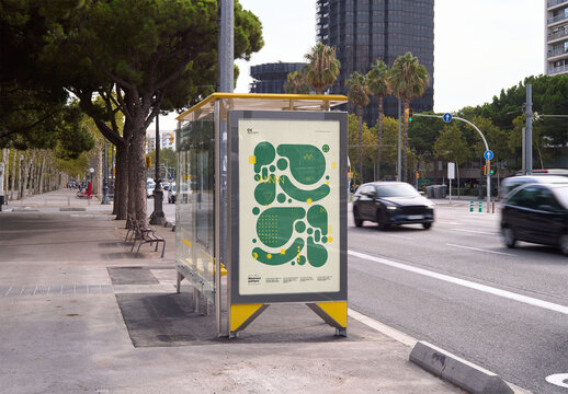 Mockup of bus stop, customizable billboard advert