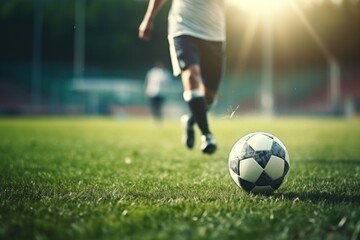 a close up of a soccer ball on a field with a soccer ball in the air in front of it.