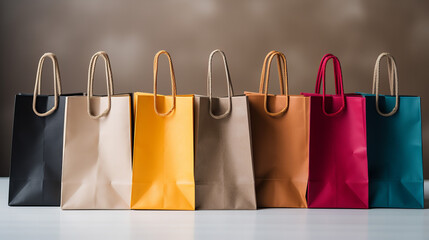 Colorful shopping bags, cropped view of woman hand holding a few shopping bags, sale discount for holidays, presents, copy space - obrazy, fototapety, plakaty