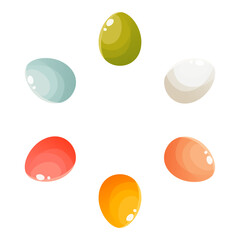 Round ornament, wreath of multi-colored Easter eggs. Round frame with empty space for text. Composition on white background for greeting cards, posters, banners, invitations and social media posts