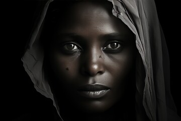 Naklejka premium An emotional portrait of an elderly african woman in front of a dilapidated house.