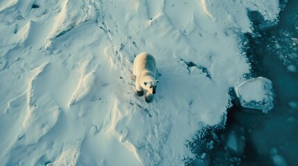 Big beautiful polar bear walking in arctic. Wild white animal look at camera aerial view. Bird eye drone shot. Adult bear sit on iceberg at cold north. Endangered species. Protect save planet concept.
