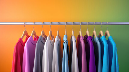 A vibrant collection of colorful hoodies neatly arranged on a clothes rack against a gradient background, showcasing a variety of colors.