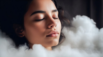 Woman sleeping on the cloud, rest concept, sleep well, healthy. created with ai.