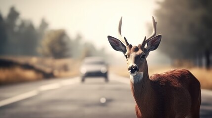 deer on the road care caution accident. Created with AI.