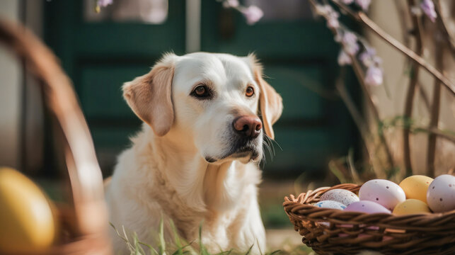 Labrador breed dog with Easter eggs. created with ai