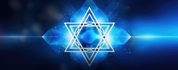 Obraz premium Decorative bright glowing Jewish religion symbol Magen David star on blue bokeh blurred background. Rosh Hashanah, Jewish New Year holiday or Hannukah greeting card with lights and Jewish star