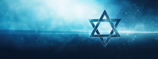 Decorative bright glowing Jewish religion symbol Magen David star on blue bokeh blurred background. Rosh Hashanah, Jewish New Year holiday or Hannukah greeting card with lights and Jewish star
